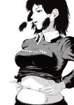  1girl chainsaw_man copyright_name cropped_shirt greyscale hand_on_own_stomach highres midriff mifune_fumiko monochrome namako_(rikina_kazuhisa) navel open_mouth solo spread_navel stomach 