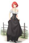  1girl black_footwear black_skirt breasts chest_jewel cleavage corset dress fence full_body grey_corset highres long_dress medium_breasts miura-n315 off-shoulder_dress off_shoulder outdoors pyra_(xenoblade) red_eyes red_hair short_hair skirt skirt_hold solo swept_bangs underbust white_background xenoblade_chronicles_(series) xenoblade_chronicles_2 