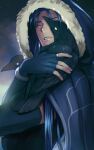  1boy animal bird black_bird blue_cloak blue_hair cloak crow cu_chulainn_(caster)_(fate) cu_chulainn_(fate) english_commentary fate/grand_order fate_(series) fingerless_gloves fur_trim gloves gravesecrets highres holding holding_animal holding_bird hood hood_up hooded_cloak jewelry long_hair male_focus mature_male one_eye_covered parted_lips red_eyes ring sky solo star_(sky) starry_sky 