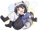  1girl animal_ears ankle_socks black_bow black_skirt black_socks bow brown_eyes common_raccoon_(kemono_friends) fang fur_collar grey_hair kemono_friends open_mouth pantyhose pleated_skirt raccoon_ears raccoon_girl raccoon_tail short-sleeved_sweater short_hair short_sleeves skirt socks solo striped_tail suicchonsuisui sweater tail white_pantyhose 