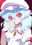  1girl absurdres blue_hair brooch glowing glowing_eyes grin hat highres jewelry looking_at_viewer mob_cap puffy_short_sleeves puffy_sleeves red_eyes red_nails remilia_scarlet sharp_teeth short_sleeves smile teeth touhou upper_body urakenpyi white_headwear 