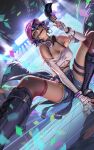 1girl bare_shoulders beanie black_choker blue_eyes boots breasts choker cutoffs dutch_angle earrings facial_mark fingerless_gloves gloves hat headphones headphones_around_neck highres hoop_earrings jewelry kiriko_(overwatch) le_sserafim liang_xing looking_at_viewer medium_breasts midriff mouth_hold off-shoulder_shirt off_shoulder official_alternate_costume overwatch overwatch_2 pink_thighhighs purple_hair shirt short_hair shorts solo squatting thigh_strap thighhighs 