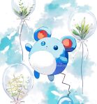  :o animal_focus artist_name balloon blue_skin bow colored_skin floating highres leaf marill no_humans pokemon pokemon_(creature) solid_circle_eyes solo su_(sajo_su5) tail white_bow 