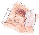  1boy arm_behind_head armpits artist_name blush brown_hair closed_eyes doudanuki_masakuni heavy_breathing implied_sleep_molestation male_focus nipples open_mouth pillow shidatsu_takayuki simple_background sleeping solo touken_ranbu trembling upper_body white_background 