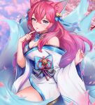  1girl absurdres ahri_(league_of_legends) animal_ear_fluff animal_ears bell blue_bow blue_collar blue_eyes blue_tail bow breasts cherry_blossoms cleavage collar crossed_bangs detached_collar ella_7737 facial_mark fingernails fox_ears fox_girl fox_tail hair_bell hair_bow hair_ornament highres japanese_clothes kimono kitsune kumiho large_breasts league_of_legends low_neckline pink_hair pink_nails sharp_fingernails solo spirit_blossom_ahri striped striped_bow tail whisker_markings white_kimono 