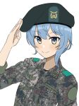  1girl beret black_cat03 blue_eyes blue_hair commentary_request hat highres hololive hoshimachi_suisei korean_commentary military_uniform multicolored_eyes republic_of_korea_army salute solo star_(symbol) star_in_eye symbol_in_eye uniform upper_body yellow_eyes 