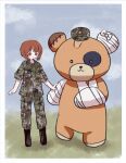  1girl alternate_costume bandages black_footwear blue_sky boko_(girls_und_panzer) boots brown_eyes brown_hair camouflage camouflage_headwear camouflage_jacket camouflage_pants day girls_und_panzer grass green_headwear green_jacket green_pants jacket mascot_costume military_uniform nishizumi_miho outdoors pants patrol_cap ri_(qrcode) short_hair short_sleeves sky uniform 