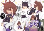  ! 2girls agnes_tachyon_(umamusume) ahoge animal_ears animalization back_bow black_hair blush bow brown_hair carrying cat chabo_24 chibi closed_eyes coat couch covering_another&#039;s_mouth cup drooling earrings empty_eyes face-to-face fang feet_out_of_frame fingernails flying_sweatdrops full_body furrowed_brow hair_between_eyes highres holding holding_cup horse_ears horse_girl horse_tail jewelry knees_together_feet_apart lab_coat leaning_on_person leaning_to_the_side long_bangs long_hair long_sleeves looking_at_another manhattan_cafe_(umamusume) miniskirt mouth_drool multicolored_hair multiple_girls multiple_views nervous on_couch one_eye_closed open_clothes open_coat over-kneehighs red_eyes school_uniform shirt side-by-side sitting skirt sleeping smile spoken_exclamation_mark standing sweat tail thighhighs tracen_school_uniform translation_request triangle_mouth two-tone_hair umamusume upper_body very_long_hair white_coat white_hair yellow_eyes 