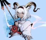  1girl animal_ears arknights baishousuan beeswax_(arknights) beeswax_(holiday)_(arknights) black_hairband blue_background cropped_torso dark-skinned_female dark_skin dress flower hairband hand_up highres holding holding_polearm holding_weapon horns looking_at_viewer orange_eyes parted_lips polearm red_flower red_hairband solo spear upper_body weapon white_dress white_hair 