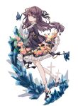  1girl absurdres ankle_boots arcaea arm_at_side arm_up black_bow black_dress black_footwear blue_butterfly boots bow brown_hair bug butterfly character_name commentary_request cross crystal dress flower frilled_dress frills full_body grey_eyes hair_bow head_tilt highres long_hair long_sleeves looking_at_viewer mixed-language_commentary miyu_(miy_u1308) pink_flower pink_rose rose simple_background smile solo tairitsu_(arcaea) tairitsu_(axium)_(arcaea) two-tone_footwear wavy_hair white_background white_footwear 