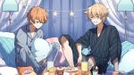  2boys :d bag_of_chips black_kimono brown_hair checkerboard_cookie cookie copyright_name cup cupcake dairoku_ryouhei food glasses grey_pajamas highres indoors japanese_clothes kimono knee_up kusano_chiaki kuze_shizuki lamp male_focus mug multiple_boys pajamas pillow pocky purple_eyes sitting smile star_(symbol) umou_tw 