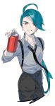  1girl absurdres ahoge black_necktie black_pants bright_pupils can collared_shirt commentary_request cowboy_shot earrings gcckg green_hair grey_shirt grin hand_on_own_hip hand_up highres holding holding_can incoming_drink jewelry long_hair looking_at_viewer necktie pants pokemon pokemon_(game) pokemon_sv ponytail red_eyes rika_(pokemon) shirt smile solo suspenders teeth white_background white_pupils 