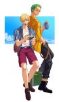  2boys absurdres bag bare_legs blonde_hair camera can cigarette closed_eyes curly_eyebrows earrings english_text green_hair handbag highres holding holding_camera holding_can jennyandloiryan jewelry looking_over_eyewear male_focus multiple_boys one_eye_closed one_piece orange-tinted_eyewear roronoa_zoro sanji_(one_piece) scar scar_across_eye shirt short_hair shorts smile striped striped_shirt suitcase teeth tinted_eyewear vertical-striped_shirt vertical_stripes 