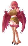 1girl absurdres ahoge animal_ear_fluff animal_ears bare_shoulders bird_legs blush bow bow_panties breasts cameltoe character_request closed_mouth collarbone commentary_request copyright_request dot_nose feather_trim feathered_wings feathers full_body hair_between_eyes harpy highres jpeg_artifacts knees_together_feet_apart large_breasts long_hair long_neck looking_away midriff monster_girl nangmanheeyou navel open_hands panties red_bow red_feathers red_hair sidelighting simple_background sleeveless solo speech_bubble split_mouth talons underwear white_background white_panties winged_arms wings yellow_eyes 