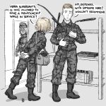  1boy 2girls absurdres bag duffel_bag english_text highres military military_uniform multiple_girls original ostwindprojekt radio seno_lepo shelf uniform walkie-talkie 