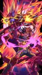 1boy absurdres artist_name blue_eyes blue_hair boots commentary_request duel_monster fiery_wings fire flame_(yu-gi-oh!_vrains) flaming_hand highres homura_takeru open_mouth orange_hair red_footwear red_scarf salamangreat_raging_phoenix scarf soulburner wings yellow_eyes yu-gi-oh! yu-gi-oh!_vrains zealmaker 