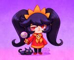  1girl ashley_(warioware) black_cat black_choker black_hair black_pantyhose candy cat choker dress eyelashes food frown hairband holding holding_candy holding_food holding_lollipop leonieyue lollipop long_sleeves neckerchief orange_hairband pantyhose purple_background red_dress red_eyes red_footwear skull_ornament solo swirl_lollipop twintails warioware web_address yellow_neckerchief 