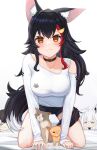  :3 absurdres ahoge animal_ear_fluff animal_ears bed_sheet black_collar black_hair black_shorts blush breasts collar collarbone fox_ears fox_girl green_eyes hair_between_eyes hair_ornament hairclip highres hololive kneeling large_breasts long_hair looking_at_viewer oksuri ookami_mio oozora_subaru shirakami_fubuki shirt short_shorts shorts sidelocks simple_background taiga_(ookami_mio) tail tail_around_own_leg tawa_(ookami_mio) virtual_youtuber white_background white_hair white_shirt wolf_ears wolf_girl wolf_tail yellow_eyes 