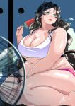  1girl akina_bbw animal_ears aqua_eyes artist_name between_legs black_nails blurry blurry_foreground blush breasts character_request cleavage closed_mouth collarbone commentary_request commission copyright_request electric_fan feet_out_of_frame food freckles hand_between_legs highres holding horns large_breasts lips long_hair looking_away navel plump popsicle shadow signature skeb_commission solo thick_arms thick_eyebrows thick_thighs thighs 
