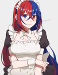  1girl alear_(female)_(fire_emblem) alear_(fire_emblem) alternate_costume apron blue_eyes blue_hair braid breasts commentary_request crossed_bangs crown_braid fire_emblem fire_emblem_engage frilled_apron frills heterochromia highres juliet_sleeves long_hair long_sleeves looking_at_viewer maid maid_apron maid_headdress medium_breasts multicolored_hair peach11_01 puffy_short_sleeves puffy_sleeves red_eyes red_hair short_sleeves smile solo split-color_hair tiara two-tone_hair very_long_hair white_apron 