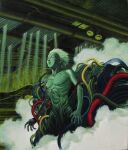  1boy absurdres akira aqua_skin cable cyberpunk cyborg damaged dirty english_commentary hector_trunnec highres hose industrial_pipe machinery monster pipeline scan science_fiction shima_tetsuo spoilers toned traditional_media tube white_hair 