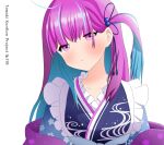  1girl closed_mouth colored_inner_hair frilled_kimono frills hair_ornament hololive houshou_tamaki japanese_clothes kimono long_hair looking_at_viewer minato_aqua minato_aqua_(new_year) multicolored_hair pink_eyes side_ponytail smile solo virtual_youtuber white_background 