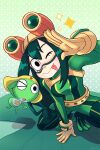  1girl animal_connection asui_tsuyu blush bodysuit boku_no_hero_academia breasts brown_gloves commentary crossover english_commentary eyelashes frog_girl gloves green_bodysuit green_hair hair_between_eyes hair_rings keroro keroro_gunsou lily_pad long_hair low-tied_long_hair medium_breasts one_eye_closed papricots sidelocks signature smile sparkle squatting tongue tongue_out 