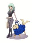  1girl animalization bag black_footwear black_shirt boots breasts byleth_(female)_(fire_emblem) byleth_(fire_emblem) commentary_request crop_top dimitri_alexandre_blaiddyd fire_emblem fire_emblem:_three_houses green_eyes green_hair grey_pants high_heel_boots high_heels highres holding holding_bag large_breasts long_hair midriff navel pants shirt shopping_bag short_sleeves simple_background sunglasses white_background yomusugara_(uzo-muzo) 