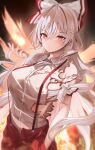  1girl 258n absurdres blush bow breasts burnt_clothes chest_sarashi fujiwara_no_mokou hair_bow hand_in_pocket highres large_breasts long_hair looking_at_viewer pants red_pants sarashi shirt solo suspenders touhou very_long_hair white_hair white_shirt 