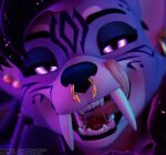  absurd_res anthro bedroom_eyes bodily_fluids close-up cosmic_hair ear_piercing ethereal_hair facial_piercing fangs female fur half_lidded_eyes hi_res hyena jewelry licking licking_mouth looking_at_viewer mammal mouth_shot narrowed_eyes nose_piercing nose_ring open_mouth piercing purple_body purple_eyes purple_fur ring_piercing sabertooth_(anatomy) saliva saliva_on_tongue saliva_string seductive stripes teeth tongue tongue_out zushou zushou_(character) 