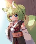  1girl animal_ear_fluff animal_ears blue_eyes blush chinese_knot closed_mouth detached_sleeves done_(donezumi) dutch_angle finger_to_mouth fox_ears fox_girl fox_tail hair_ribbon highres japanese_clothes kimono long_sleeves medium_hair obi original pom_pom_(clothes) ponytail red_ribbon ribbon sash sleeveless sleeveless_kimono solo tail thick_eyebrows white_sleeves wide_sleeves 