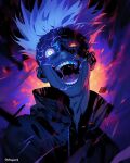  1boy artist_name black_coat coat deltapork gojou_satoru jujutsu_kaisen looking_at_viewer male_focus multicolored_background multicolored_eyes open_mouth screaming short_hair signature smile solo teeth thunder unusually_open_eyes upper_body 