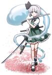  1girl black_footwear black_hairband black_ribbon blue_eyes blush closed_mouth collared_shirt frilled_skirt frills full_body green_skirt green_vest grey_hair hair_ribbon hairband hitodama holding holding_sword holding_weapon hoshii_1213 katana konpaku_youmu konpaku_youmu_(ghost) ribbon shirt shoes short_hair short_sleeves skirt socks solo sword touhou transparent_background vest weapon white_shirt white_socks 