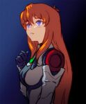  1girl blue_gloves breasts elhaym_van_houten eyelashes film_grain gloves gradient_background hair_between_eyes hand_up highres long_hair medium_breasts orange_hair parted_lips purple_eyes purple_pupils solo xenogears zawabug 