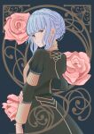  1girl absurdres blue_hair braid brown_eyes closed_mouth commentary crown_braid dangouo_ty fire_emblem fire_emblem:_three_houses floral_background flower garreg_mach_monastery_uniform highres long_sleeves looking_at_viewer marianne_von_edmund pink_flower pink_rose rose short_hair sidelocks solo uniform 