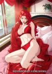  1girl bed blanket breasts copyright_request curly_hair highres huge_breasts kickstarter light_rays long_hair looking_at_viewer pillow plant potted_plant red_eyes red_hair smile solo sunbeam sunlight underwear window xong 