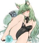  1girl :3 animal_ear_fluff animal_ears arknights barefoot black_leotard blush breasts cat_ears cat_girl cat_tail detached_collar green_eyes green_hair harmonie_(arknights) highleg highleg_leotard highres kochiya_(gothope) leotard long_hair looking_at_viewer medium_breasts solo strapless strapless_leotard tail white_background wrist_cuffs 