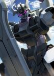  absurdres cloud glowing glowing_eyes gundam gundam_suisei_no_majo head_tilt highres looking_at_viewer mecha moyashi_(karamisouma) purple_eyes robot schwarzette sky solo sword weapon 