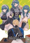  book bread buttons byleth_(female)_(fire_emblem) byleth_(fire_emblem) dimitri_alexandre_blaiddyd double-breasted eating fire_emblem fire_emblem:_three_houses food frelyaskn highres imagining ink_bottle maid maid_headdress pantyhose pervert shoulder_belt white_pantyhose writing 