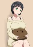  1girl :d bare_shoulders black_hair breasts brown_background brown_sweater collarbone hair_ornament hairclip holding holding_pillow invisible_chair kirigaya_suguha large_breasts off-shoulder_sweater off_shoulder open_mouth pillow puge short_hair simple_background sitting sleeves_past_wrists smile solo sweater sword_art_online 