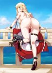  1girl anus ass bismarck_(kancolle) black_footwear blonde_hair blue_eyes blush breasts brown_gloves censored closed_mouth commission dated day from_behind full_body gloves grey_headwear hat high_heels kantai_collection long_hair looking_at_viewer looking_back medium_breasts military_hat mosaic_censoring nipples outdoors peaked_cap pixiv_commission pussy sameha_ikuya signature solo thigh_strap unworn_gloves unworn_hat unworn_headwear 