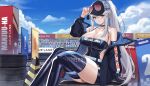  1girl absurdres arm_rest azur_lane bare_shoulders baseball_cap black_choker blue_jacket blue_sky blush breasts choker cleavage cloud copyright_name crossed_legs crowd enterprise_(azur_lane) enterprise_(wind_catcher)_(azur_lane) eyewear_on_headwear grey_eyes hair_between_eyes hand_up hat highres jacket large_breasts latex latex_thighhighs long_hair looking_at_viewer off_shoulder official_alternate_costume open_clothes open_jacket otakueden1995 outdoors ponytail race_queen racetrack sidelocks sky solo thighhighs tinted_eyewear tire white_hair 