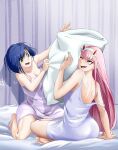  2girls :d \||/ albyee arm_behind_back arm_support bare_back bare_shoulders barefoot bed bed_sheet blue_hair blunt_bangs bob_cut breasts cleavage collarbone commentary commission darling_in_the_franxx dress english_commentary eyeshadow full_body green_eyes hair_over_one_eye hairband hitting horns ichigo_(darling_in_the_franxx) indian_style kneeling large_breasts long_hair looking_at_another loose_hair_strand makeup medium_breasts messy_hair multiple_girls nightgown no_bra on_bed one_eye_closed oni_horns open_mouth pillow pillow_fight pink_hair purple_nightgown red_eyeshadow red_horns round_teeth shadow short_dress short_hair shoulder_blades sitting smile solo strap_slip swept_bangs teeth toes turning_head very_long_hair wallpaper_(object) white_hairband white_nightgown zero_two_(darling_in_the_franxx) 