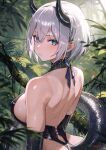  1girl absurdres bare_back black_horns blue_eyes blush breasts collarbone commentary_request highres horns jungle large_breasts looking_at_viewer looking_back nature original outdoors short_hair sideboob solo sooon sweat tail white_hair 
