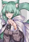  1girl :d animal_ear_fluff animal_ears arknights brothercoral cape cardigan cat_ears cat_tail commentary_request green_eyes green_hair grey_cardigan grey_skirt hand_up harmonie_(arknights) highres long_hair long_sleeves looking_at_viewer open_mouth pleated_skirt skirt smile solo tail upper_body very_long_hair white_cape 