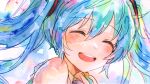  1girl ^_^ aqua_hair aqua_necktie bare_shoulders blush closed_eyes hair_between_eyes hatsune_miku long_hair meola necktie open_mouth shirt sleeveless sleeveless_shirt smile solo teeth twintails upper_teeth_only vocaloid 