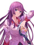  1girl bakemonogatari blue_eyes boxcutter breasts collared_shirt holding holding_scissors large_breasts long_hair monogatari_(series) naoetsu_high_school_uniform necktie open_mouth purple_hair ruler school_uniform scissors senjougahara_hitagi shirt simple_background solo upper_body uyufuzi_s very_long_hair white_background 