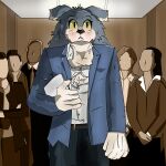  absurd_res anthro belt canid canine canis clothing elevator female fluffy group hi_res holding_object holding_paper human mammal nervous paper str8aura-no-not-that-one suit torn_clothing torn_suit were werecanid werecanine werewolf wolf yellow_eyes 
