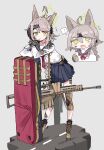  ! 1girl absurdres ahoge animal_ears anti-materiel_rifle barrett_m82 blue_archive blue_sailor_collar blue_skirt blush boots brown_footwear chibi closed_mouth ear_protection fox_ears gloves green_eyes grey_background gun halo highres knee_pads light_brown_hair long_braid looking_at_viewer neckerchief odmised otogi_(blue_archive) red_neckerchief rifle sailor_collar school_uniform simple_background sketch skirt smile sniper_rifle solo weapon weapon_case 