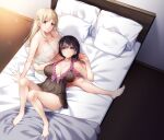  2girls bare_shoulders bed_sheet black_dress black_hair blonde_hair blue_eyes braid breasts breasts_apart cleavage closed_mouth commentary_request covered_navel covered_nipples crown_braid dress frown highres holding_hands knees_up large_breasts lingerie long_hair looking_at_viewer looking_up lying multiple_girls nakajima_yuka on_back on_bed orange_eyes original pillow short_hair sleepwear smile underwear white_dress 